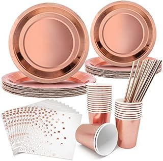 96Pcs Rose Gold Party Tableware, 24 Guests Foil Paper Plates Cups Napkins Straws, Party Supplies Disposable Party Rose Gold Party Supplies Dinnerware Set for Birthday Wedding Anniversary Baby Shower