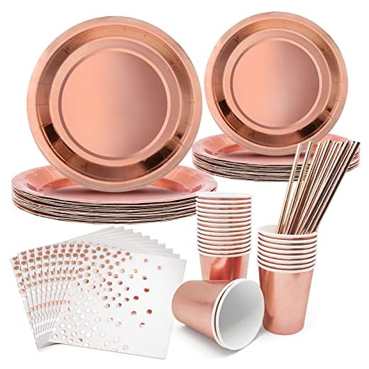 96 Piezas Vajilla desechable de oro rosa, Vajilla Fiesta Oro Rosa 24 invitados vajilla para fiesta de cumpleaños niños platos vasos de papel servilletas pajitas para baby shower aniversario boda