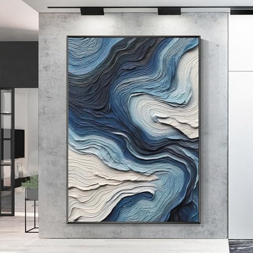 Blue Abstract Textured Wall Art Blue White Gray Painting Dark Abstract Art Modern Abstract Painting Blue Silver Wall Art Navy Blue Oil Painting Ocean Line Art for Living Room 16x24inch No Frame