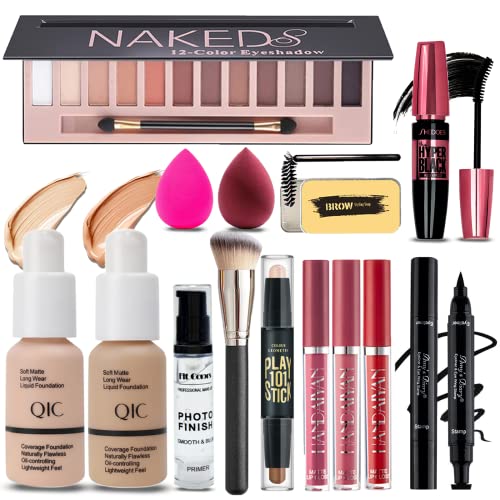 All in One Makeup Kit for Women Full Kit, Includes 12 Colors Matte Eyeshadow Palette, Foundation & Face Primer, Lipstick Set, Winged Eyeliner Stamp, Mascara, Contour Stick, Eyebrow Soap, Makeup Brush, Makeup Sponge, Make Up Gift Set for Women, Teens
