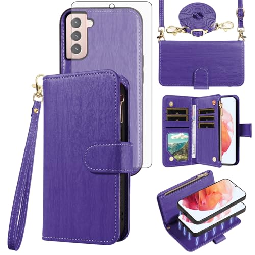 Asuwish Funda para Samsung Galaxy S21 5G de 6.2 pulgadas, cierre magnético, desmontable, con protector de pantalla de vidrio templado, correa cruzada, tarjetero S 21 21S G5, mujeres y niñas, color