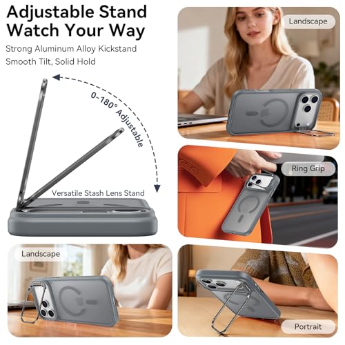 Image of for iPhone 17 Pro Case with Stash Lens Stand and 9H Screen Protector, Compatible with MagSafe, Military-Grade Drop Protection Magnetic Phone Case for iPhone 17 Pro, 360 Full Protection, Gray