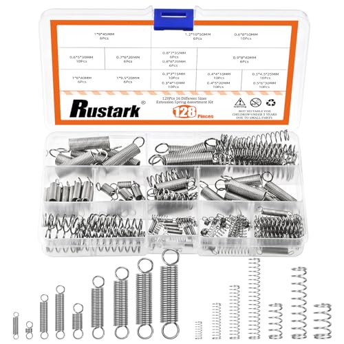 Rustark 128Pcs 16 Sizes Stainless Steel Extension Spring and Compression Spring Assortment Kit Mechanical Springs Small Spring with Hook End Tension Spring for Shop Home Repairs DIY