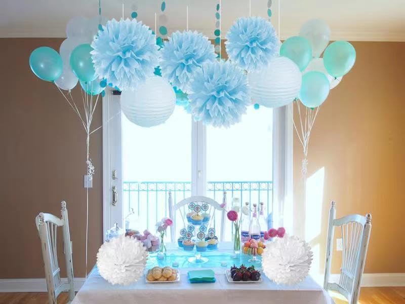 15PCS Baby Blue and White Tissue Pom Poms Flowers with Paper Lanterns for Birthday Baby Shower Baptism Decorations