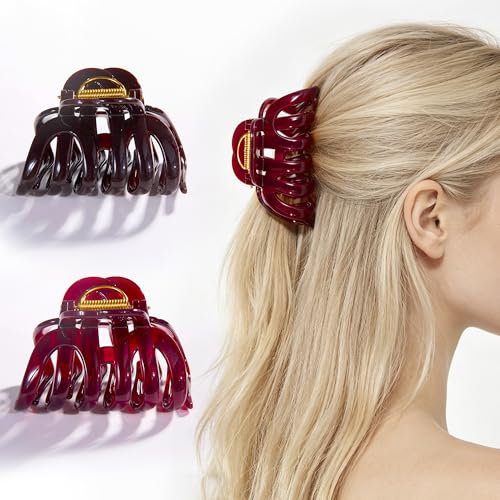 Large Claw Clips for Thick Hair 2 Pcs, 3.66 Inch Non Slip Retro Red + Brown