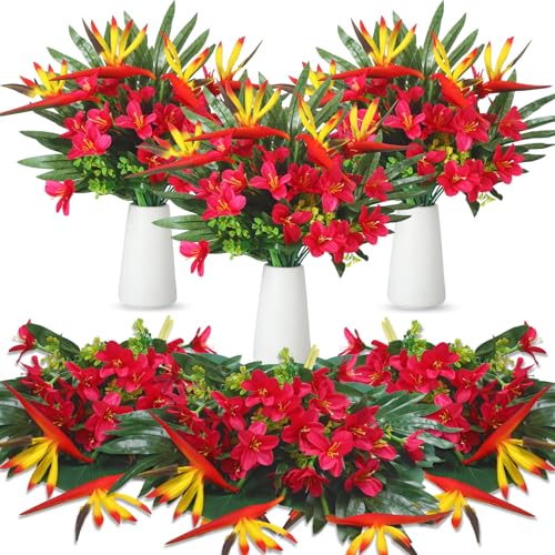 Hotop 4 Set/ 16 Pcs Artificial Tropical Flower Bouquets Bulk for Hawaii Centerpieces Bird of Paradise Lily Bouquet Permanent Flower Tropical Plant Party Office Home Decor (Rose Red)