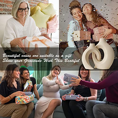 White Ceramic Vase Set Of 2 For Modern Home Decor, Round Boho Donut Vase For Pampas Grass, Neutral Minimalist Vase For Dining Room Table Centerpiece Dining Room, Living Room, Wedding Table Decoration #TOP1