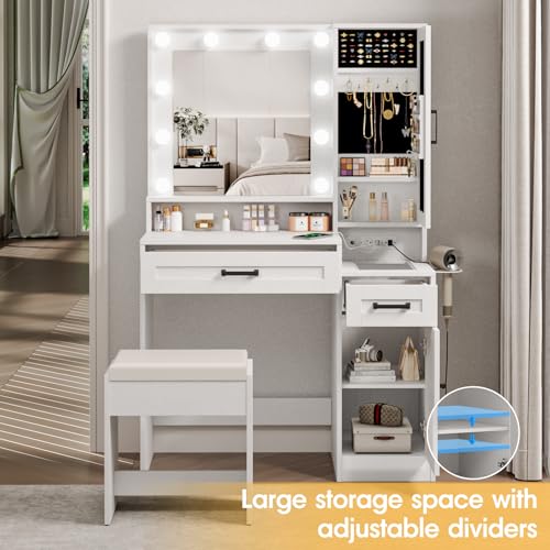 Image of Fameill Vanity Desk with Mirror and Lights,Make up Vanity with Chair and Outlet,Dressing Table with Jewelry Cabinet, Bedroom Vanity with 2 Drawers, 3 Lighting Colors,36.4 inch,Antique White