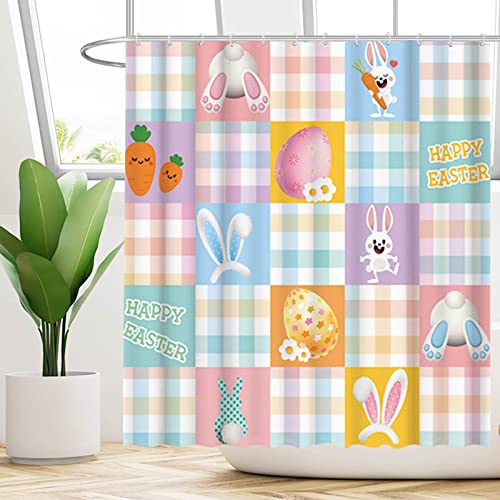 Allenjoy 72" X 72" Cartoon Easter Shower Curtain Set With Hooks Colorful Eggs Bunny Carrots Plaid House Festival Bathroom Bathtubs Decor Easy Care Washable Durable Polyester Fabric #TOP1