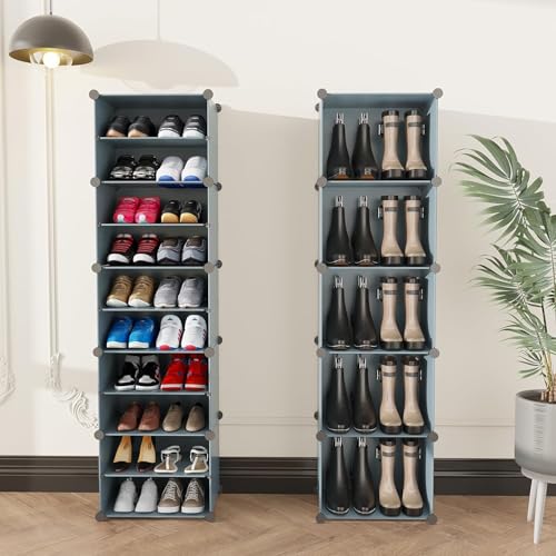 Image of Strassis Design Plastic Shoe Rack for Home | 10 Shelf DIY Shoe Rack with Door Magnets for Home Storage Plastic Box Organizer, Metal Door Frame, Chappal Slipper Sandals Stand (Black,5 Door)