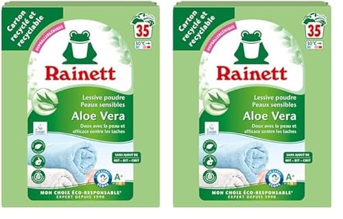 RAINETT - Lessive Poudre Peaux Sensibles - Formule Hypoallergénique - Tensioactifs d'Origine Végétale - Carton Recyclé & Recyclable - Ecolabel - Aloe Vera - 35 Lavages - 2,345 kg (Lot de 2)