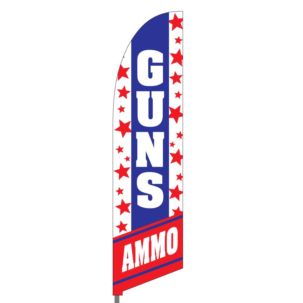 Vispronet Guns & Ammo Feather Flag – 2.6ft x 11.2ft Gun Flag, Outdoor Advertising Sign for Gun Shop, Gun Shows, & Tactical Store, Weather-Resistant Knitted Polyester, Printed in the USA, Flag Only