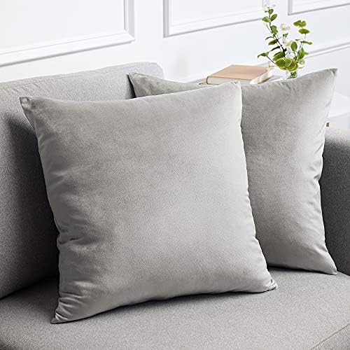 lalaLOOM Velvet Throw Pillow Cases, Set of 2, Softest Accent Case for Pillows, Decorative Square Covers for Home Decor, Silky Cover for Sofa, Couch, Bedroom, Living Room, Washable 16x16, Soft Gray