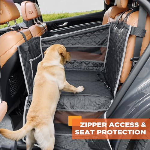 Gimars Verstärkung Extra Stabiler Hunde Autositz für Großer Mittlere Hunde, Wasserdicht Verbreiterung Hundesitz Auto Rückbank, Passagierfreundlich Hundebox Auto mit Netzfenstern Sicherheitsgurten, L