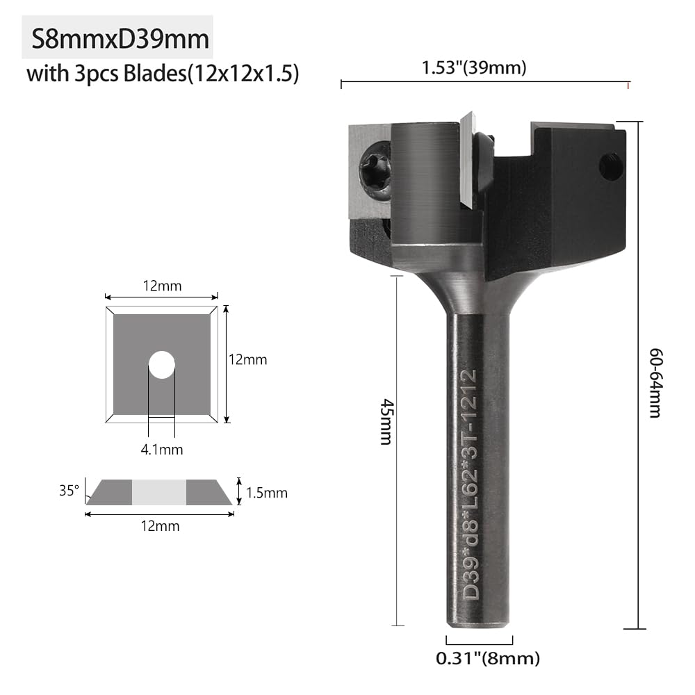 1pc 6.35/8/12/12.7mm Shank wymienne ostrze frez do strugania w stylu płytki Spoilboard CNC frezy powierzchni drewna(S8mmxD39mm)
