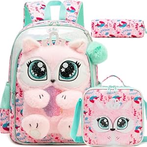 Meetbelify Kids Backpacks for Girls School Backpack with Lunch Bag Pencil Case for Elementary Student 3D Cute Carton Plush Kids Travel School Bag for Girls Ages 6-8 Years Old Pink