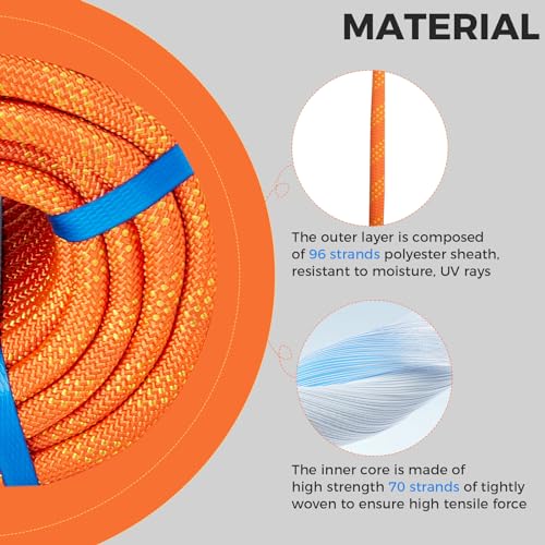 7/16 Inch 150ft Double Braided Polyester Arborist Rope, Heavy Duty Nylon Rope for Anchor, Tree Work, Cargo, Pulling, Sailing(Orange)