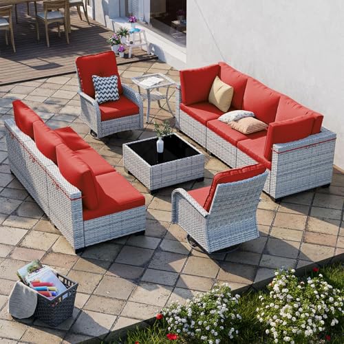 Image of Outdoor PE Wicker Rattan Modular Patio Sectional Sofa Set | 10-Piece: 6 Modular Seats, Coffee Table, 2 Swivel Rocking Chairs & Side Table, Red