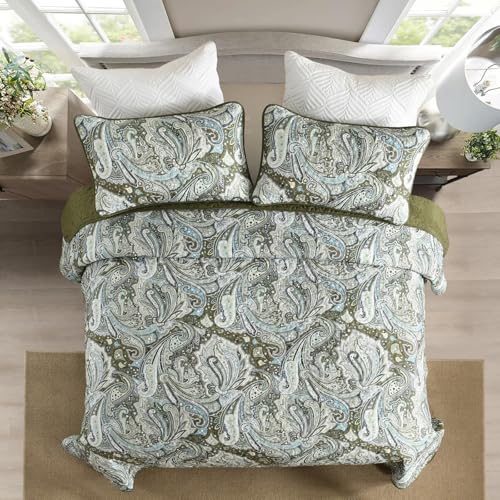 Green Paisley Quilt Set King Size Boho Bedspread Coverlet Set 3 Pieces, Soft Lightweight Microfiber Dark Olive Green Paisley Floral Pattern Bedding Set for All Season, 110''x90'' - Cosy Home Interiors Green Paisley Quilt Set King Size Boho Bedspread Coverlet Set 3 Pieces, Soft Lightweight Microfiber Dark Olive Green Paisley Floral Pattern Bedding Set for All Season, 110''x90'' - Image 3