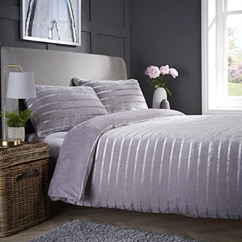 Olivia Rocco Teddy Duvet Cover Set Stripe Fleece Soft Fluffy Quilt Sets Thermal Warm Cosy Snug Bedding, King Pink