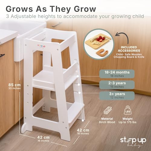 Image of Stepup Baby Toddler Standing Tower - 3 Level Adjustable Wooden Kitchen Step Stool, Bathroom Sink, Kitchen Counter, Kids 18 Months to 4 Years Gift - White