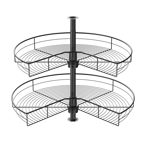 Lazy Susan Organizer for Cabinet, GWANLUKEJ 24'' Corner Cabinet Lazy Susan Organizers with Kidney Cut 2 Sheves Swivel Turntable, Height Adjustable for Base Kitchen Corner Storage, Metal Black