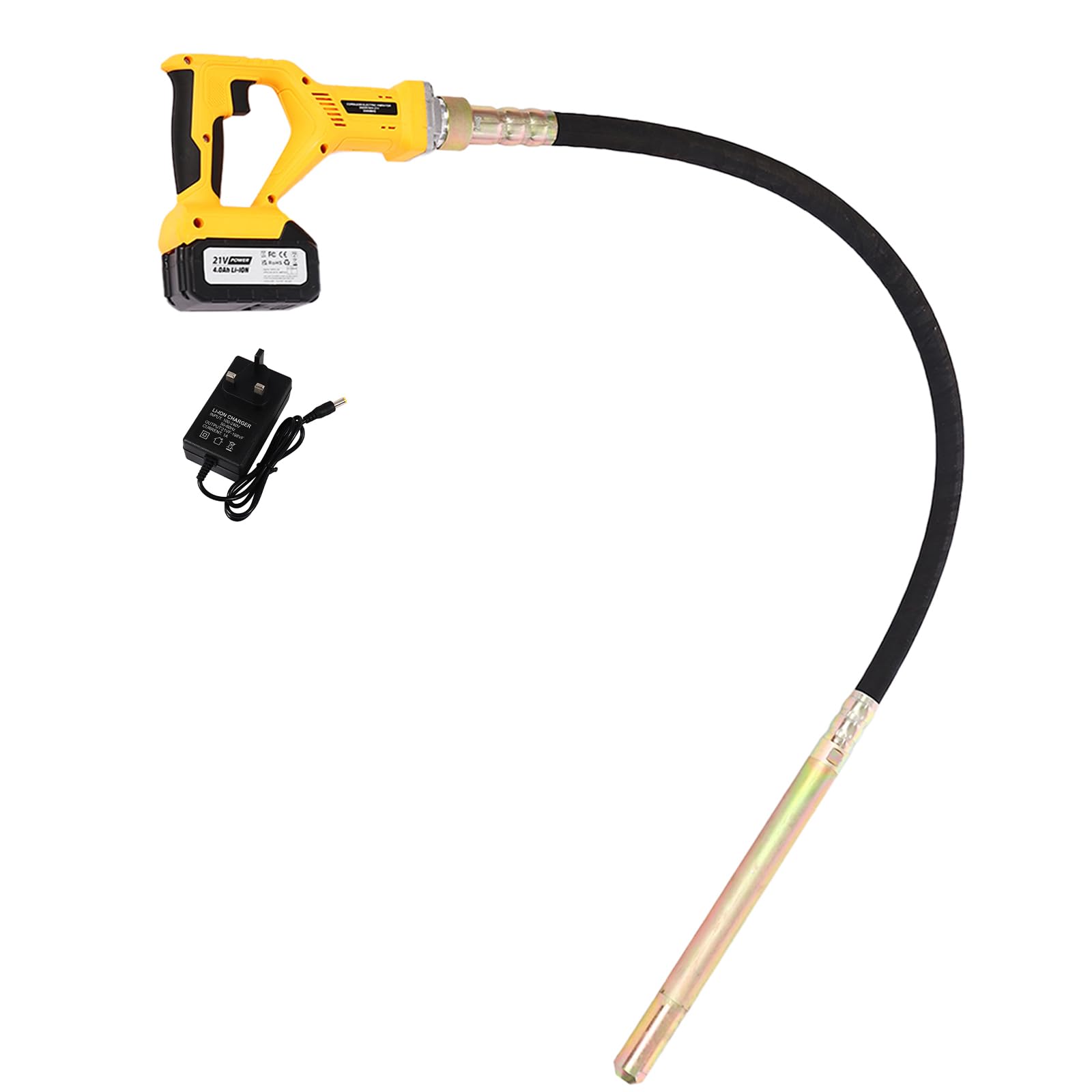 21V Concrete Vibrator, Brushless Cordless Handheld Concrete Vibrating Tool, with 1.5m Hose, 35mm Dia Flexible Shaft (Battery and Charger Included)