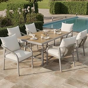 Xwiny Gartenmöbel-Set, Garten-Essgruppe für 6 Personen, 7-teiliges, 1 Tisch, 6 Stühlen, Tischplatte aus Kunststoffholz, Verzinktem Stahlrohr, Geflochtenem Seildesign, Alle Kissen Inklusive (6-Sitzer)