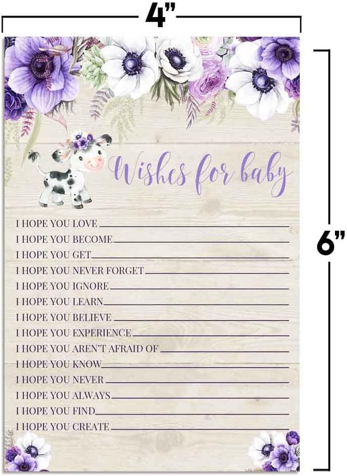 Amanda Creation Watercolor Purple Floral Cow Baby Wishes Cards 20, 4"x6" - Fun Activity for Baby Showers - Keepsakes Last Generations - Fill-In, Double-Sided Cards