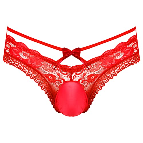 Alvivi String Homme Satin Dentelle Sissy Slip Ouvert Érotique sous-vêtements à Volant Culotte G-String Thong Briefs Lingerie De Nuit Coquine Underpants M-XXL Rouge C XL