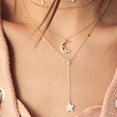 Bestyuan Women Gold Multi Layer Multi Strand Chain Moon and Star Rhinestones Pendant Necklace For Woman Teens Trendy Necklaces Pendants Charms