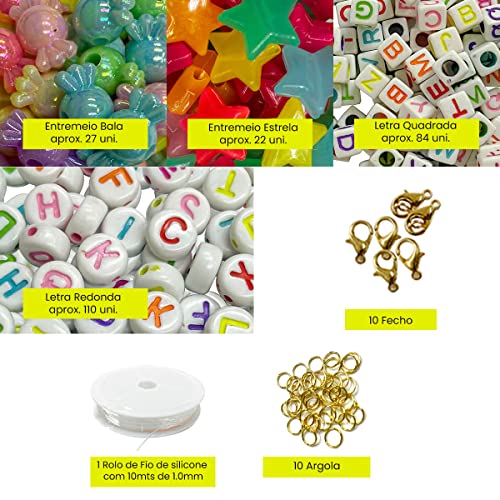 Maleta de Miçangas Infantil Completa Pingente 945 Para Montar Pulseira Letras Coloridas Entremeios