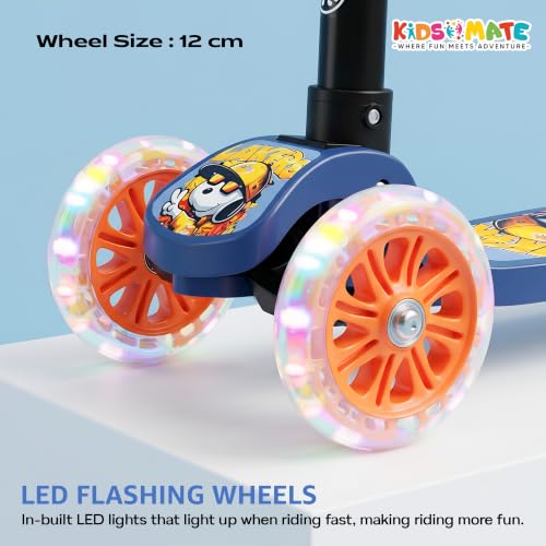 Image of Kidsmate Flashwheel Kick Scooter for Kids with LED Wheels | 3-Wheel Skate Scooter for Boys & Girls of Ages 2-12 Years | 5-Level Adjustable Height, and Easy Fold Design Scooter for Kids (Blue Orange)