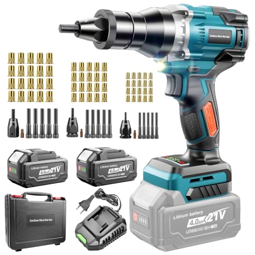 Yofuly Akku Nietzange Kompatibel mit Makita 18V Akku Elektrisch Nietwerkzeug mit 2 * 4.0Ah Batterie Auto-Modus Nietmutternzange mit M6/M8/M10 Nietmuttern für Metallbearbeitung