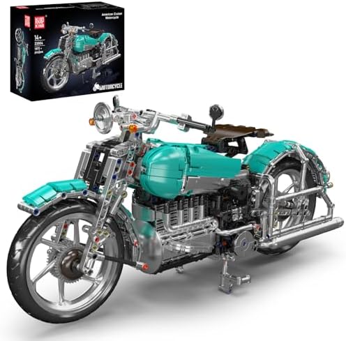 Mould King 23004 Technik Amerikanisches Cruiser-Motorrad-Modell,Amerikanisches Retro-Motorrad bewegliche mechanische Details,Erwachsenen-Bastel-Hochpräzisionsmodell Klemmbausteine