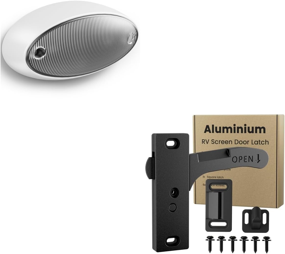 Aluminum LED RV Porch Light Exterior Oval+RV Screen Door Latch Right Handle