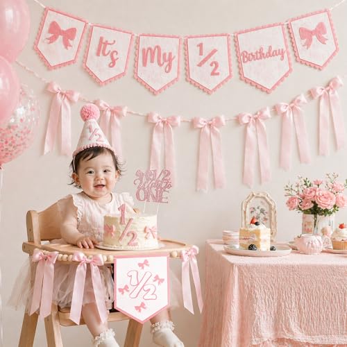 Image of 1 /2 Birthday Girl Half Birthday Decorations Pink Bow It's My 1 /2 Birth Banner Glitter Cake Topper Ribbon Bow Wood Bead High Chair Banner & Cone Hat 6 Months birthday Decorations Party Supplies (Pink)