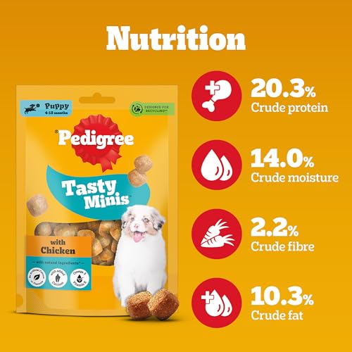 Image of Pedigree Tasty Minis Puppy (4+ Months) Dog Treats, Chicken Flavour, 125 g, Contains Omega 3, Vitamin E & Calcium, Supports Strong Bones & Teeth