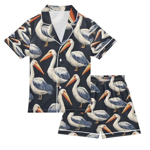 Satin Pajama Sets Short Sleeve Cute Pelican Pattern Print Button Down Silky Nightwear 2 Piece PJS 5-14Y