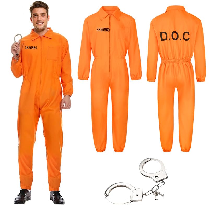 YushengTai Orange Prisoner Costume Set, Prisoner Jumpsuit with Handcuffs, Convict Costume Men and Women, Prisoner Costume, Party Outfit, Unisex Carnival Fancy Dress, L