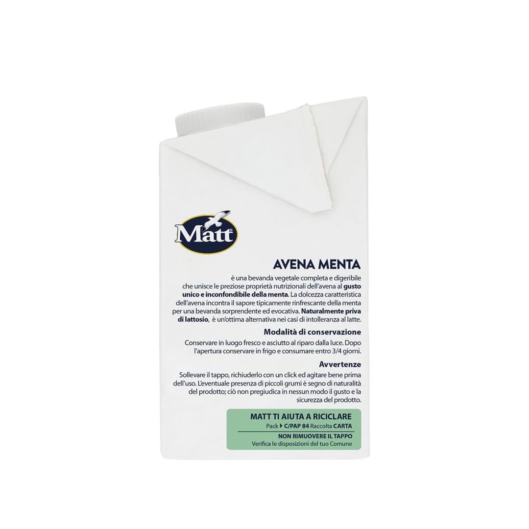 Matt, Avena Menta, Bevanda Vegetale, Latte Avena con Estratto Naturale di Menta, Senza Lattosio, a Basso Contenuto di Grassi e di Sale, Ideale per Tutta la Famiglia, 500 ml