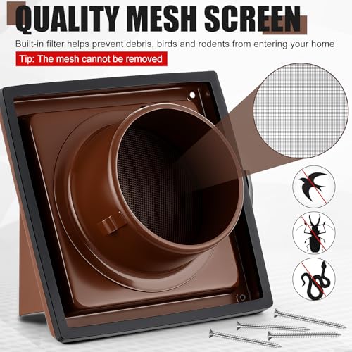 Image of Gisafai 6 inch Dryer Vent Cover Outside with Stainless Steel Guard Wall Dryer Exhaust Cap and Removable Extended Pipe Vent Shroud Hood Cushioned Non Return Flap with Sealing Gasket Grille(Brown)