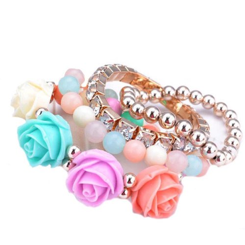 Aokdis Hot Selling 1 Set Shining Rhinestone Rose Pearl Crystal Elastic Bracelet Jewelry (colorful)