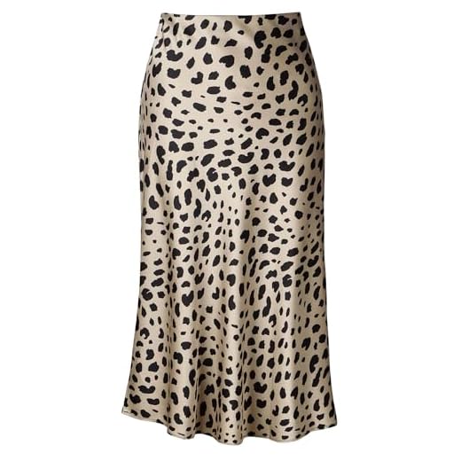 Soowalaoo High Waist Leopard Midi Skirt Hidden Elasticized Waistband Silk Satin Skirts (Leopard, M)