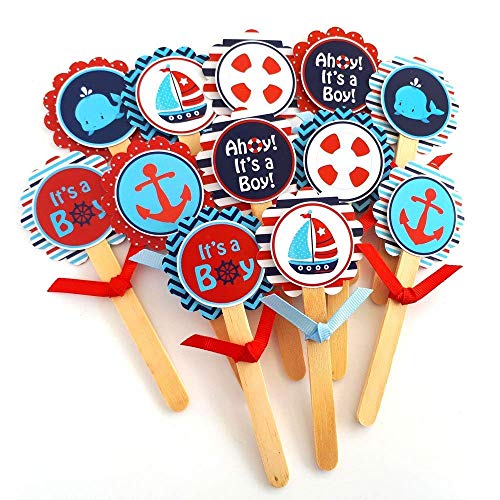 Ahoy It's a Boy Nautical Cupcake Toppers - Children Sea Ocean Baby Shower Party Supplies - Set of 12