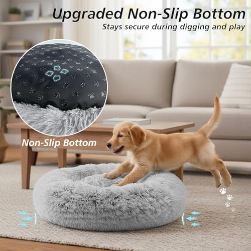 Image of JOLLYVOGUE Calming Dog Bed Medium Size Dog, Anti-Anxiety Donut Medium Pet Bed, 27 inches Fluffy Faux Fur Round Cat Bed (Smoke Grey)