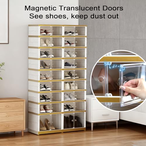 Image of SYNCVIBE Shoe Rack Organizer for Closet Entryway Foldable Sneaker Storage Shoe, Collapsible Shoe Cabinet, Stackable Shoe Storage Cabinet with Lids for Living Room (9 Tiers -36 Pairs White Gold)