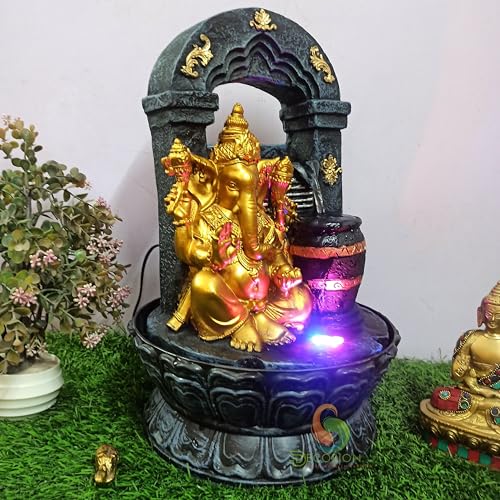 Image of Ganehsa Decorative Table Top Water Fountain for Home Decor /Office /Indoor & Outdoor /Garden /Puja Room /Vaastu with Multicolor LED Light and Adjustable Water Pump (D-021)