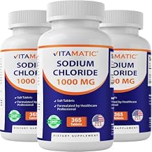 Vitamatic Sodium Chloride 1000mg 365 Tablets Electrolyte Replenisher & Hydration Support Non-GMO, Gluten-Free -3 Bottles