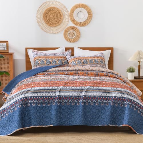 Image of Andency Blue Orange King Size Quilt Set, 3 Pieces Boho Striped Bedspread | Soft Lightweight Blue Orange Printed Bohemian Polyester Reversible Coverlet Comforter Sets for All Season (106 inchx96 inch)